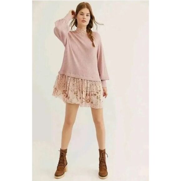 NWT FREE PEOPLE Opposites Attract Waffle Knit Mixed Media Mini Dress XS - Picture 1 of 14